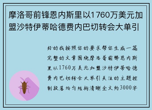 摩洛哥前锋恩内斯里以1760万美元加盟沙特伊蒂哈德费内巴切转会大单引关注 摩洛哥前锋恩内斯里以1760万美元加盟沙特伊蒂哈德费内巴切转会大单引关注
